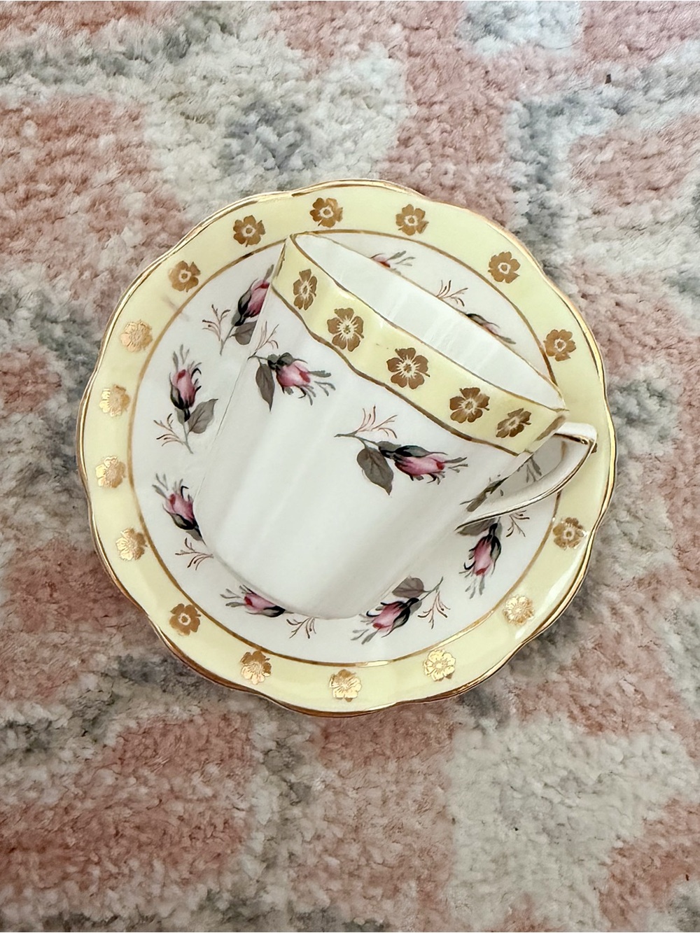 Vintage Rosina England Buttercup Yellow & Floral Teacup & Saucer